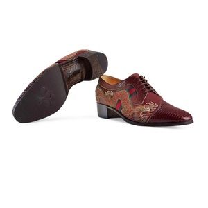 New In Box Gucci Dragon Embroidered Lizard Trimmed Web Oxfords 7EU/8US $1790.00